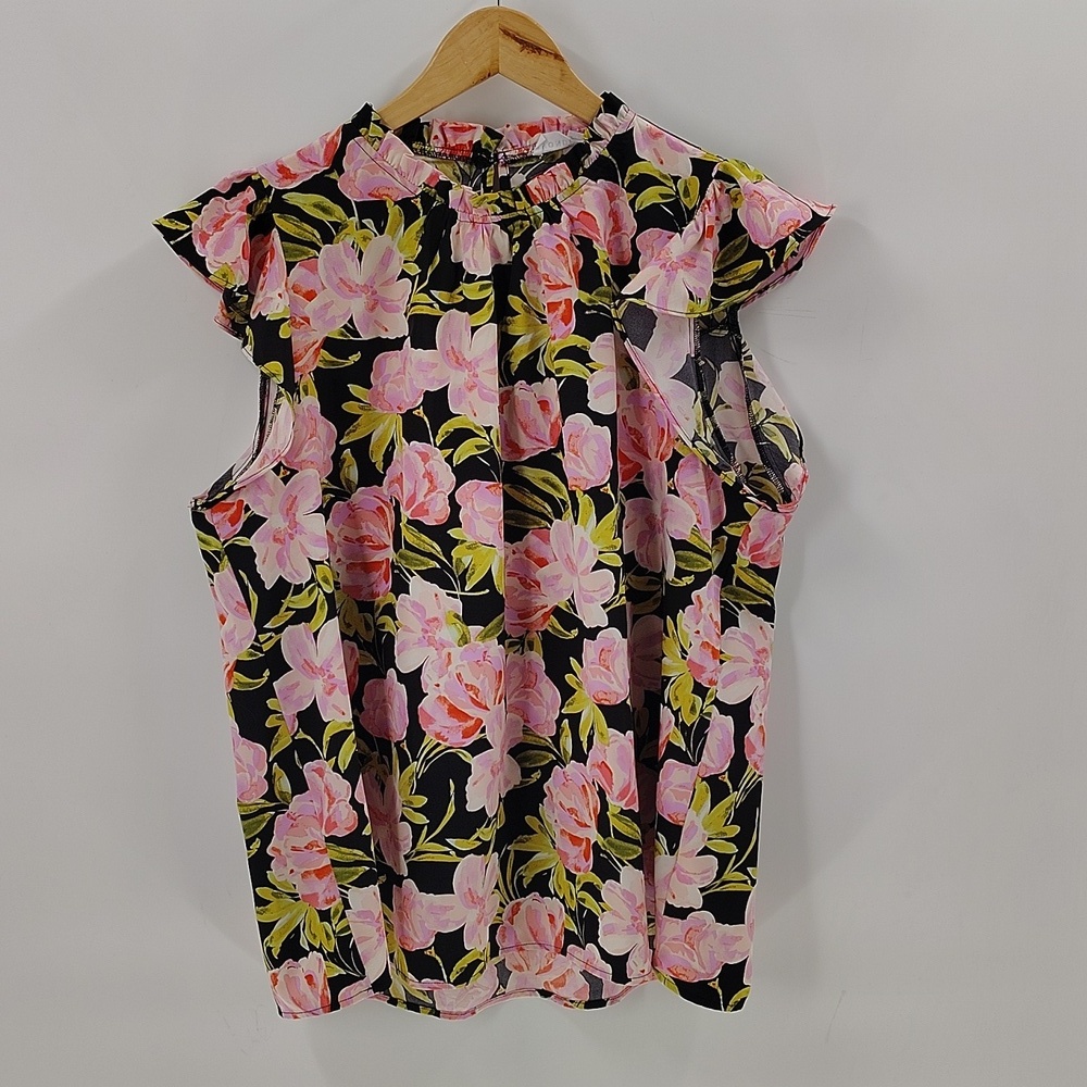 Emily Wonder Floral Print Top Size Large Pink Black Flutter Sleeve
